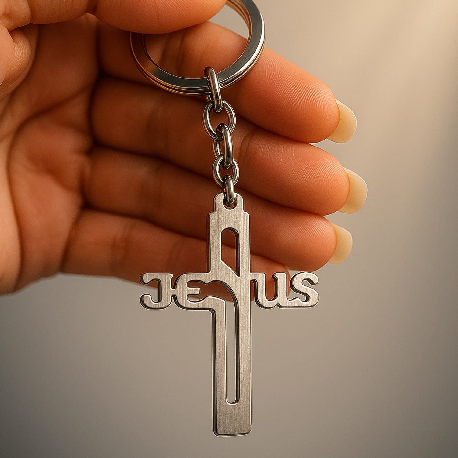 ALVENZA Metal Cross Keychain – Gujarati Jesus Script for Spiritual Style