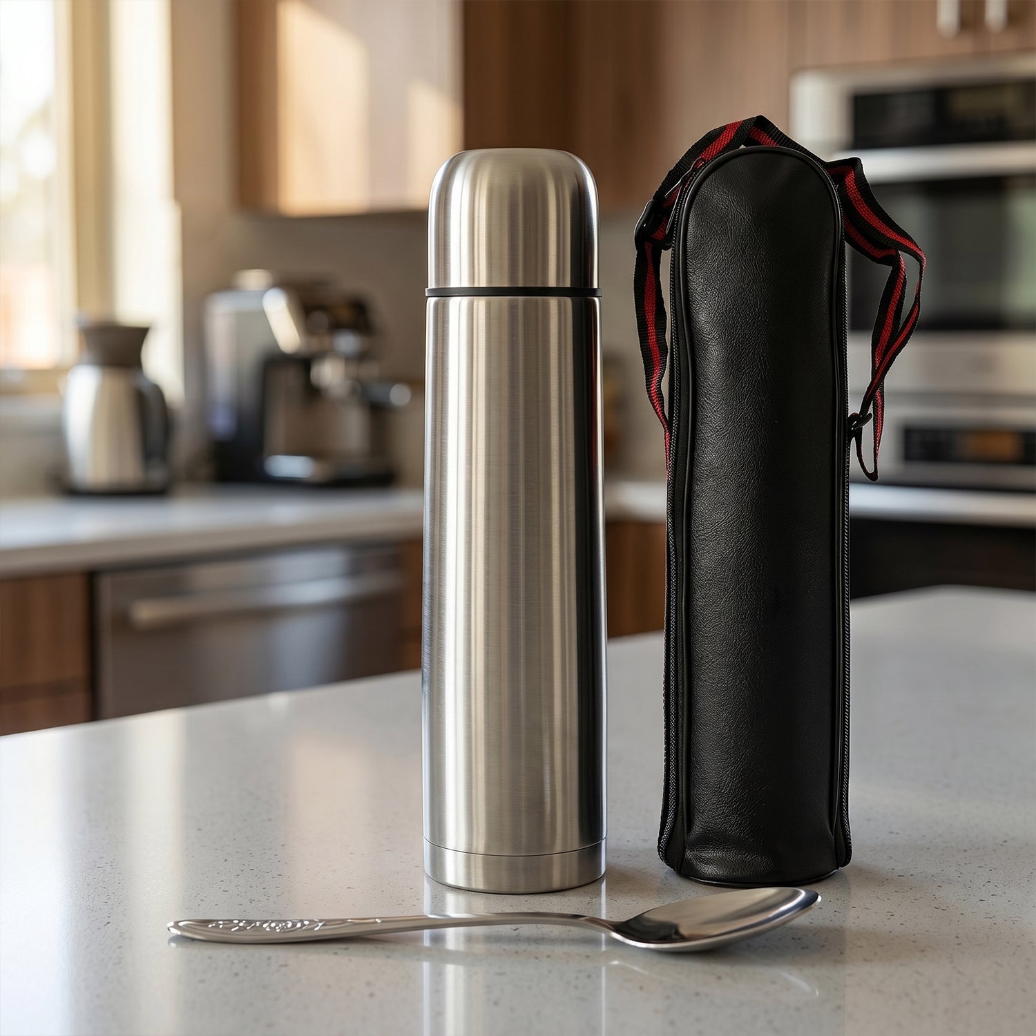 ALVENZA Stainless Steel Vacuum Flask – 1000ML with Carry Bag & Spoon