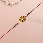 ALVENZA Multicolor Kundan Rakhi - Golden Floral Design with Beaded Red Thread