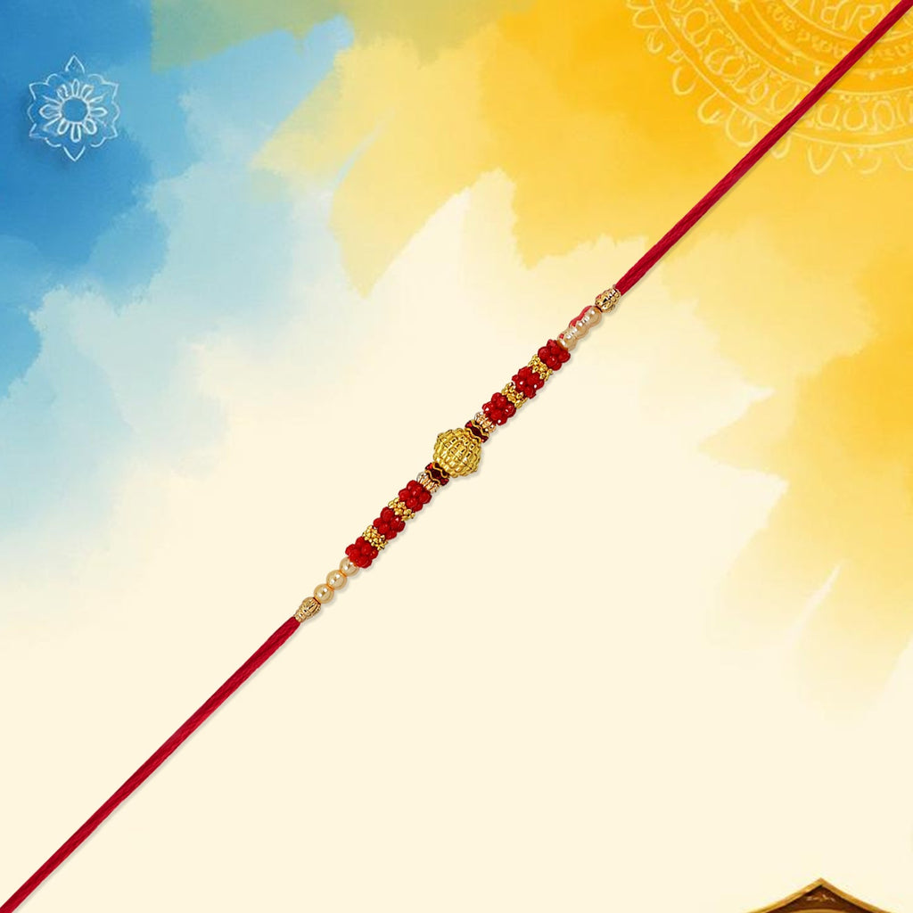ALVENZA Red Bead Rakhi – Golden Centerpiece & Pearl Details