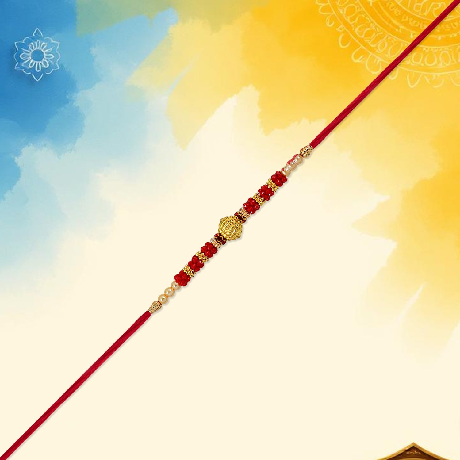 ALVENZA Red Bead Rakhi – Golden Centerpiece & Pearl Details