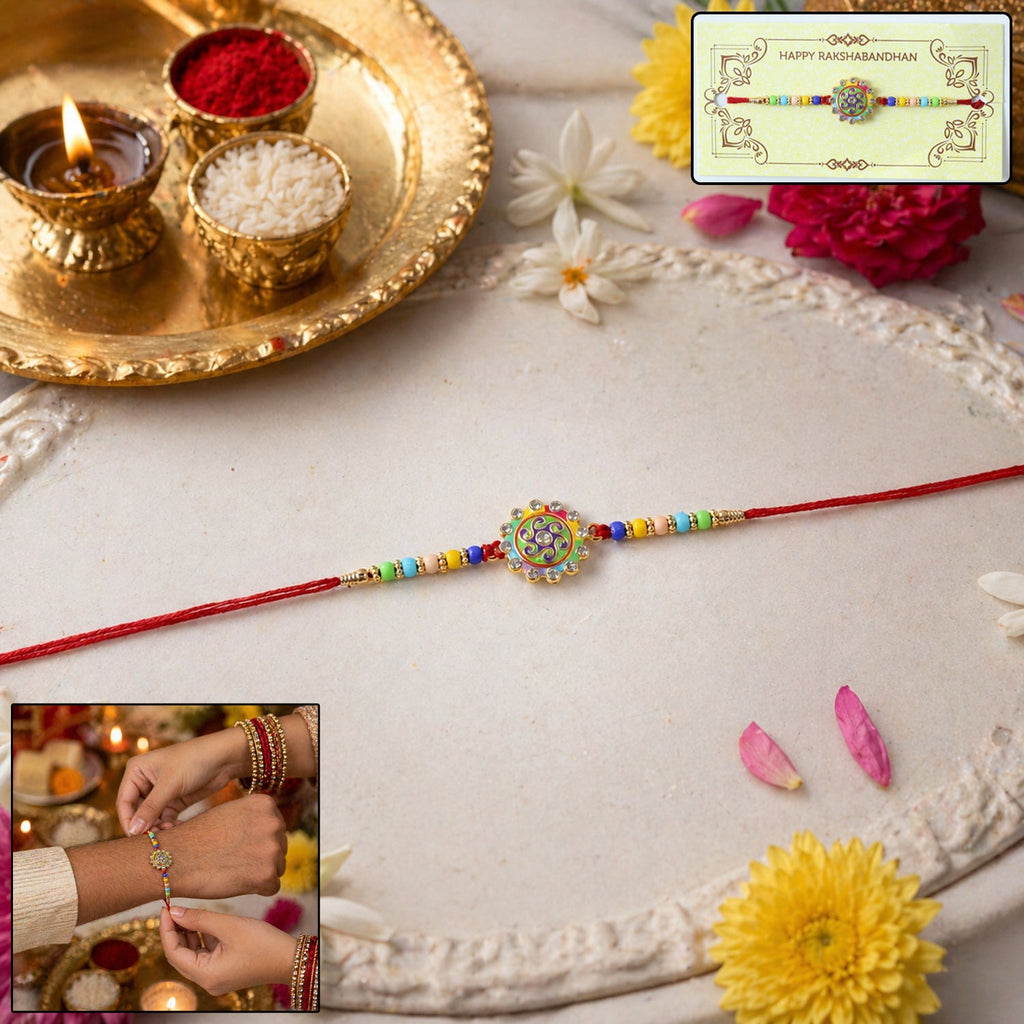 ALVENZA Rakhi – Elegant multicolor beads & stone centerpiece for Rakshabandhan
