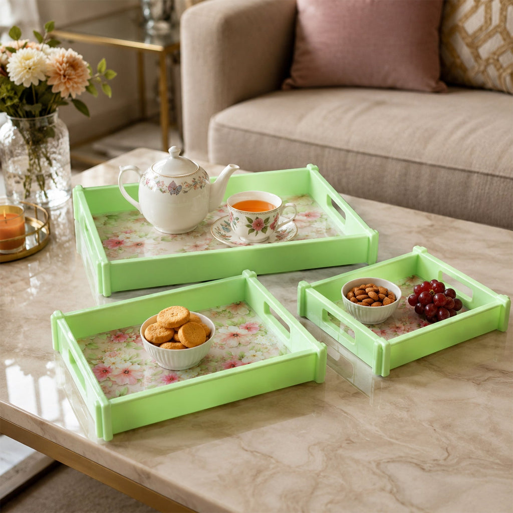 Serving Tray Set Elegant Floral Design with Side Handles