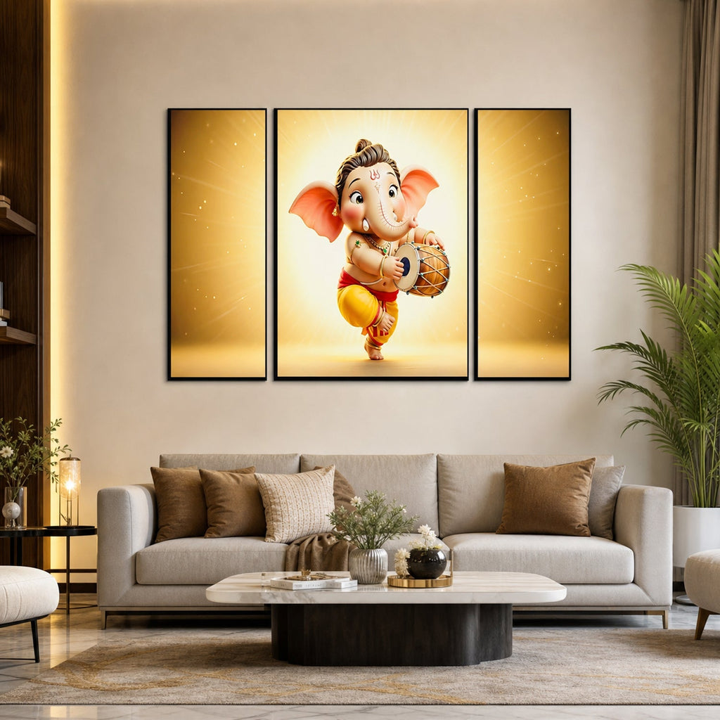 Ganesha Religious Wall Art Vibrant 3 Panel MDF Frame