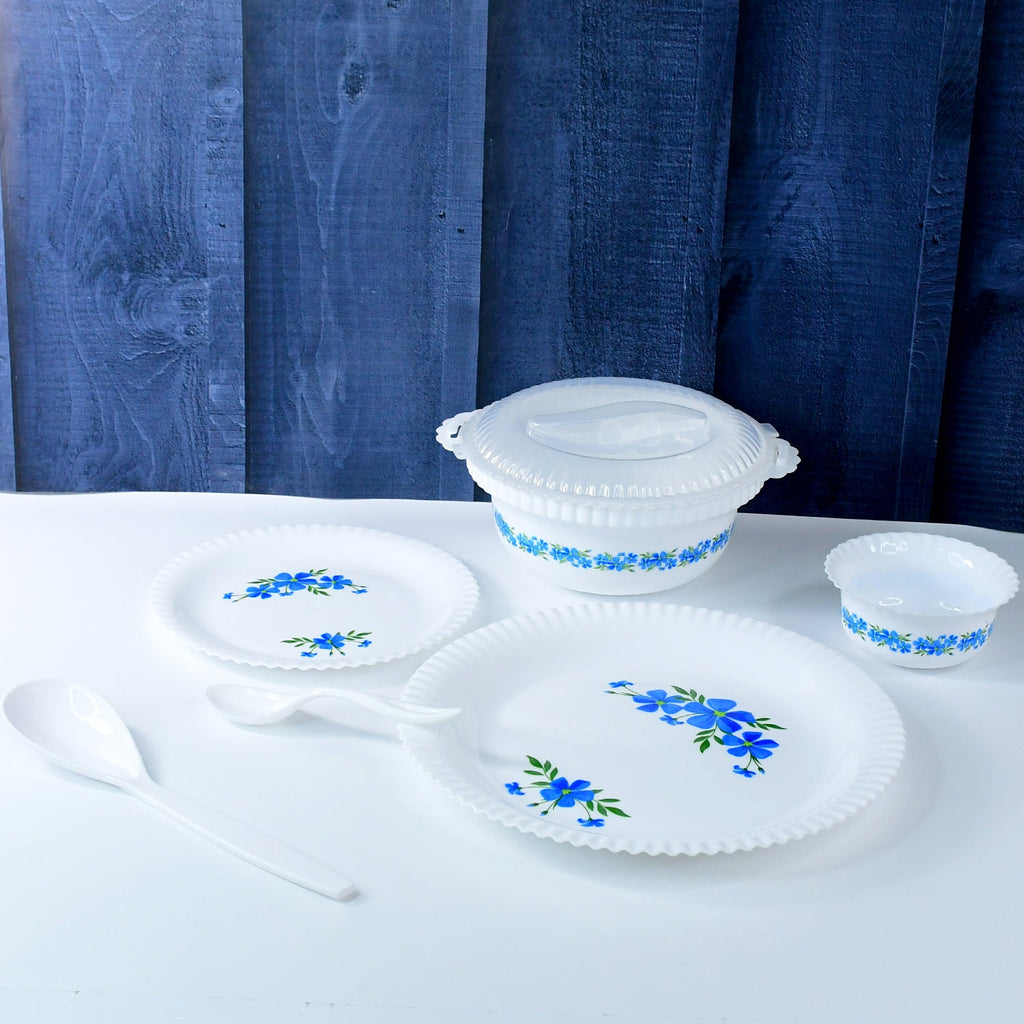 ALVENZA Plastic Dinner Set – Durable 36-Piece Blue Floral Design