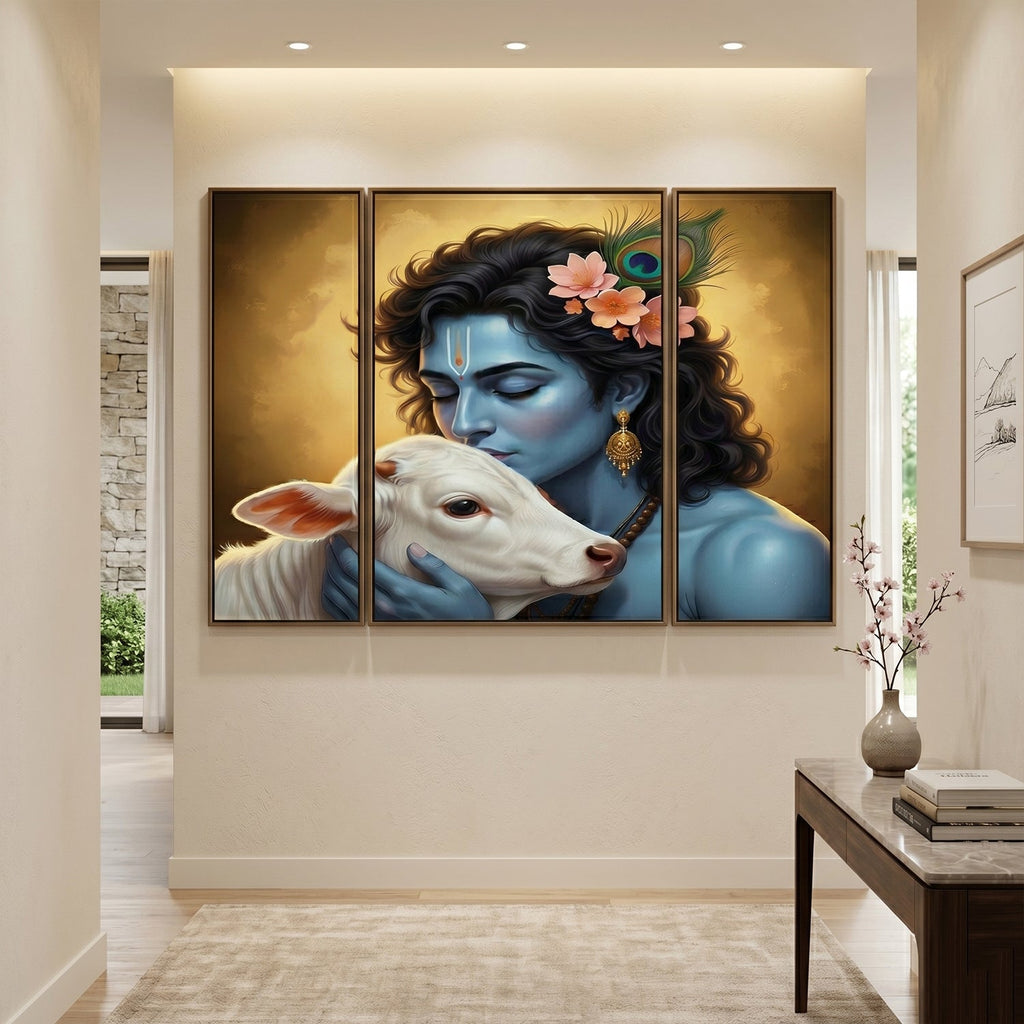 Krishna N Cow Wall Art Vibrant 3 Panel MDF Design for Home - Detail View 7