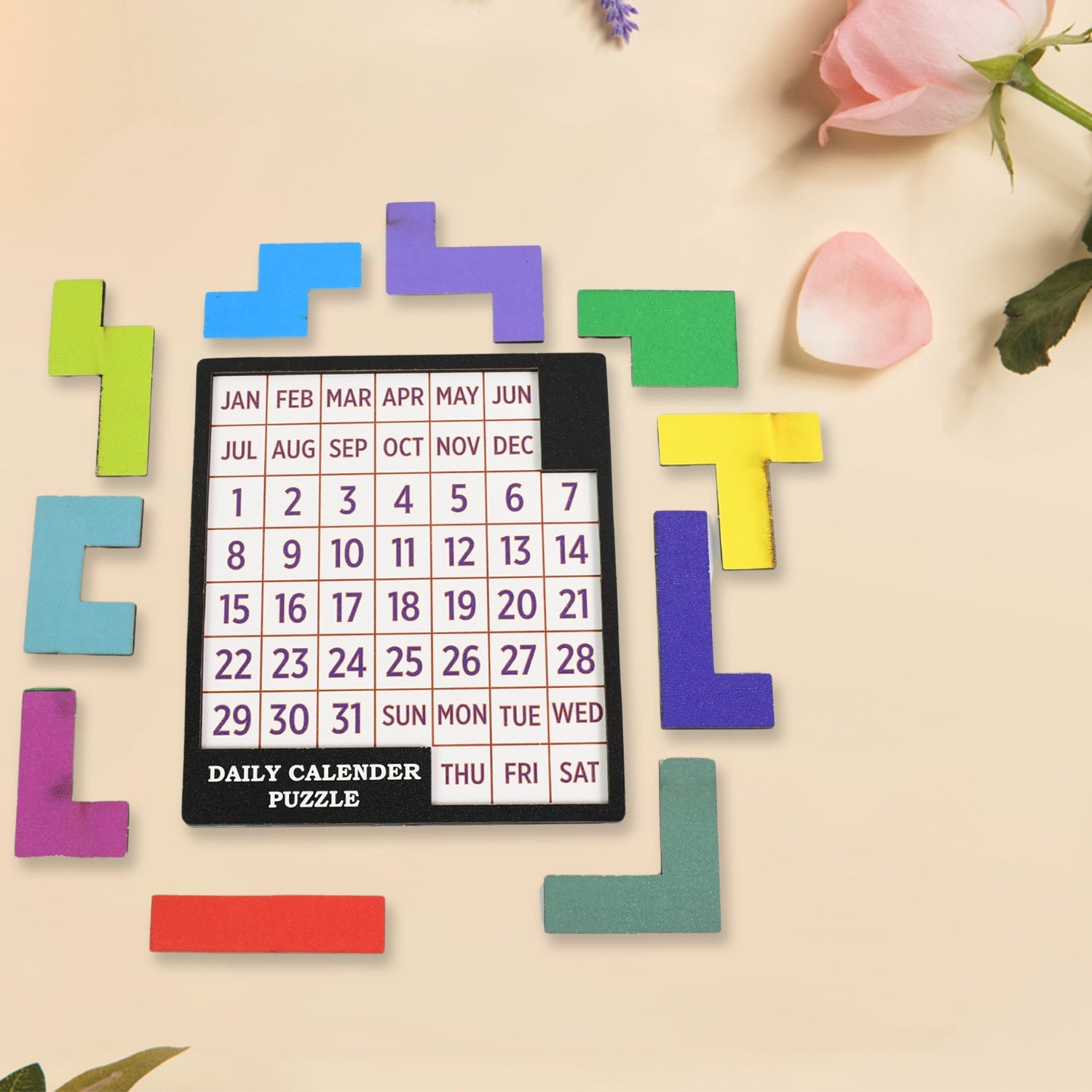 Wooden Daily Calendar Puzzle Mind Challenge Game | Inventive Play - Front View
