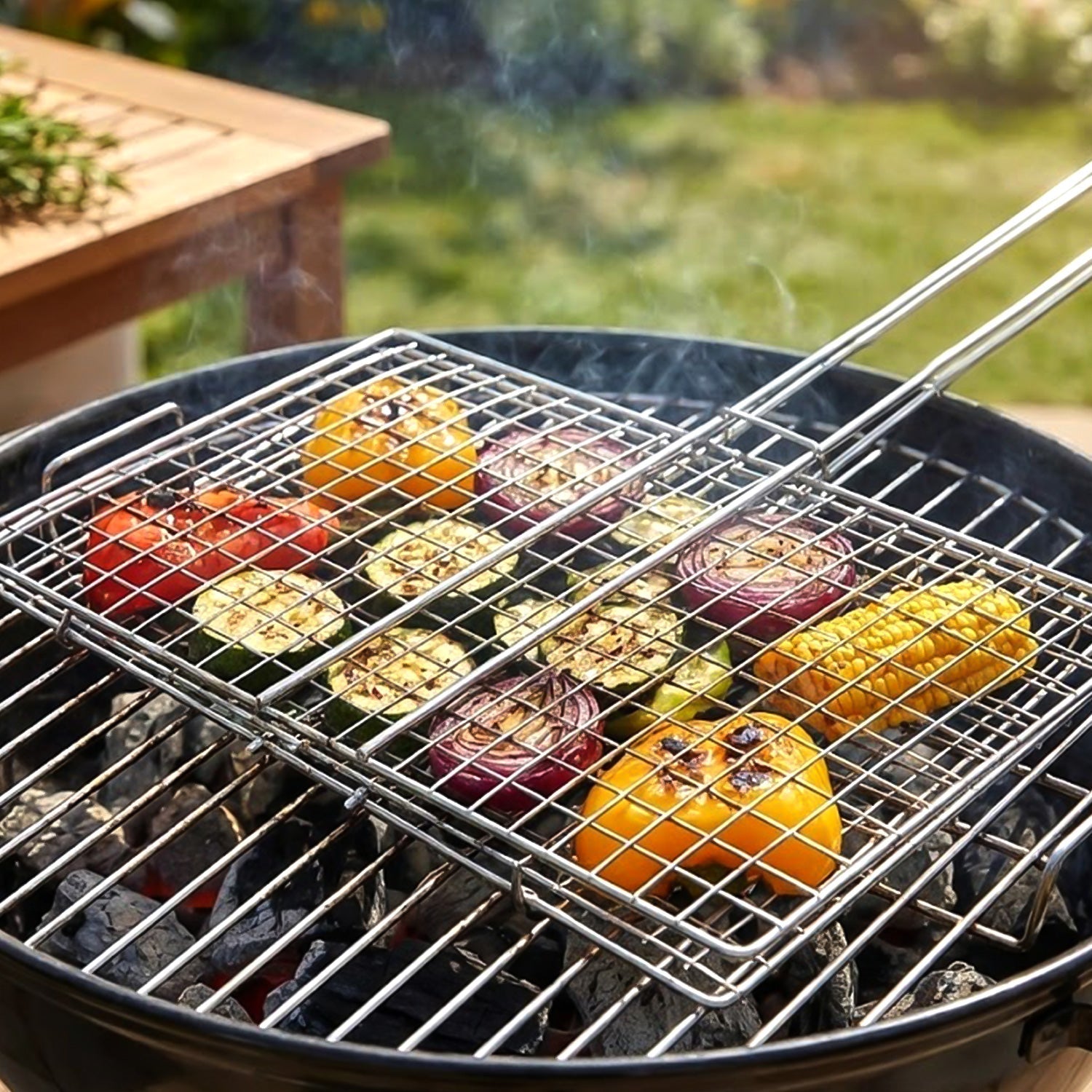 Heavy-Duty Stainless Steel BBQ Grill Basket Long Handle & Durable Construction - Front View