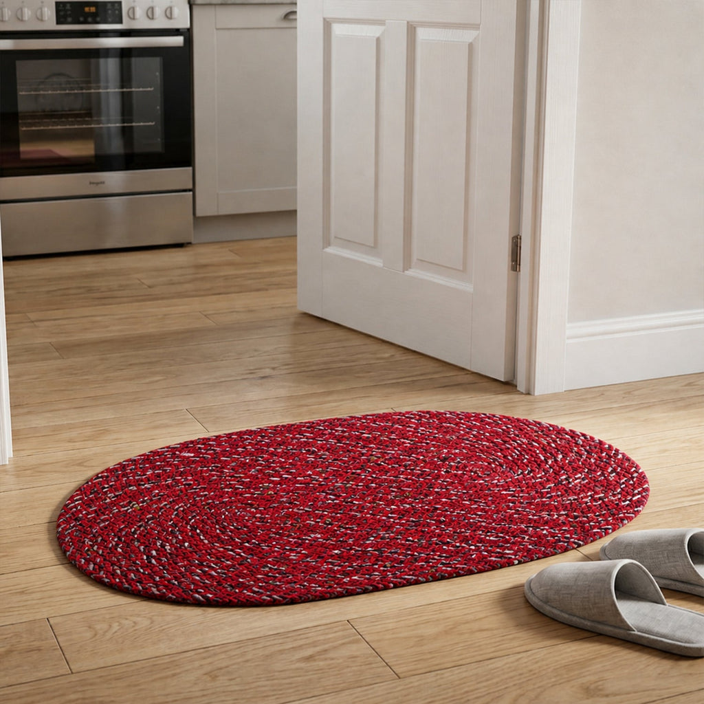 Red Oval Non-Slip Floor Mat Durable & Soft for Indoor Use - Side View
