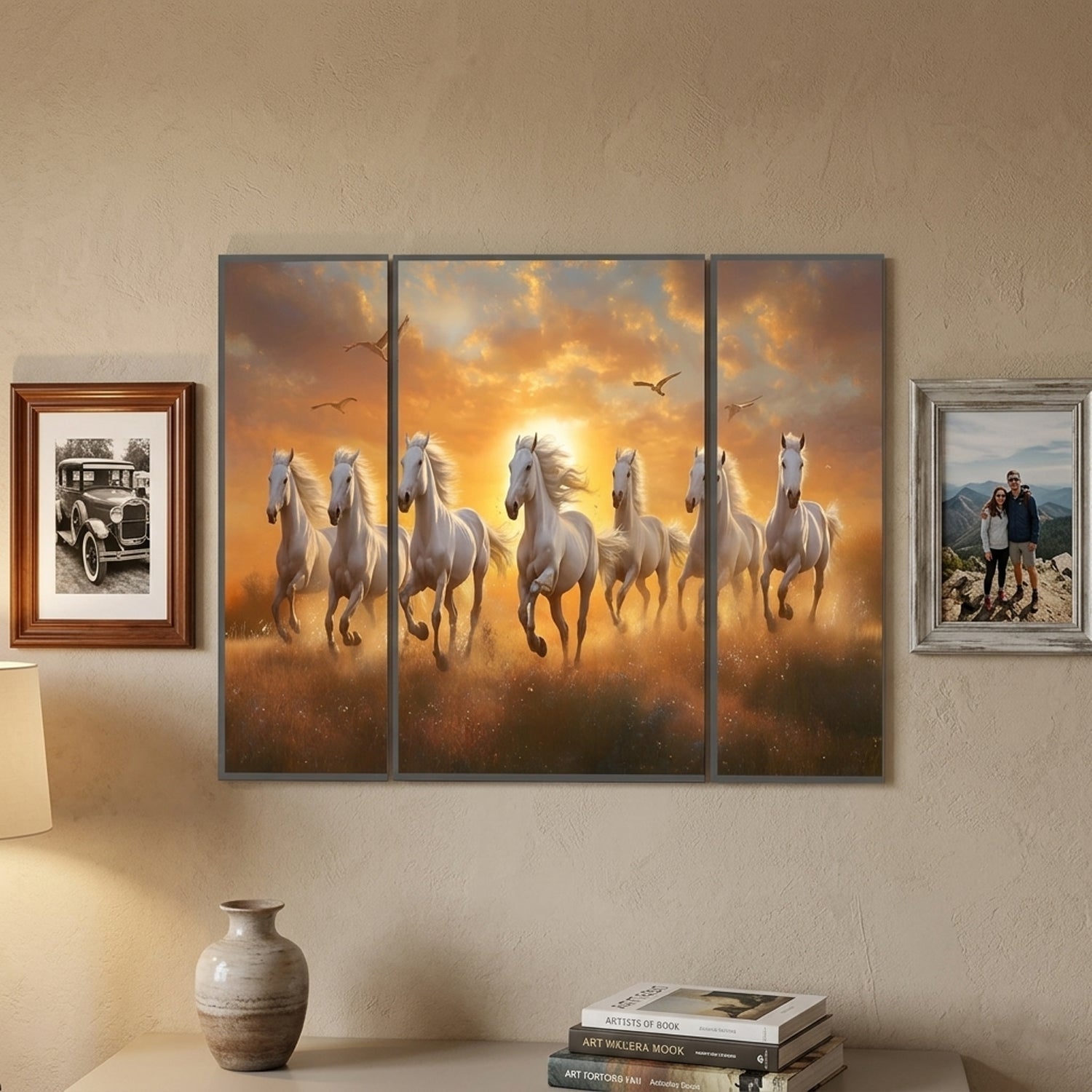 Horses Sunset Wall Art Vibrant 3-Panel MDF Canvas for Home Decor