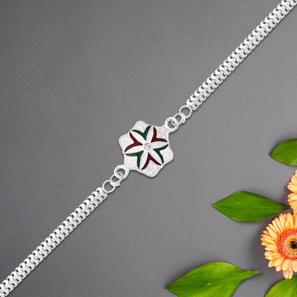 ALVENZA Silver Chain Rakhi - Elegant Flower Design for Brother