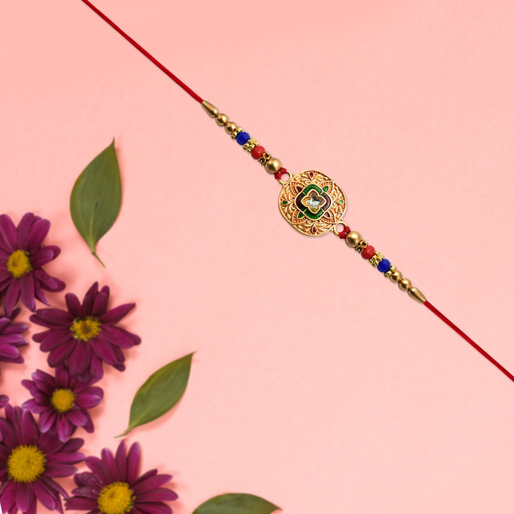 ALVENZA Kundan Rakhi - Traditional Antique Gold Finish with Multicolor Beads