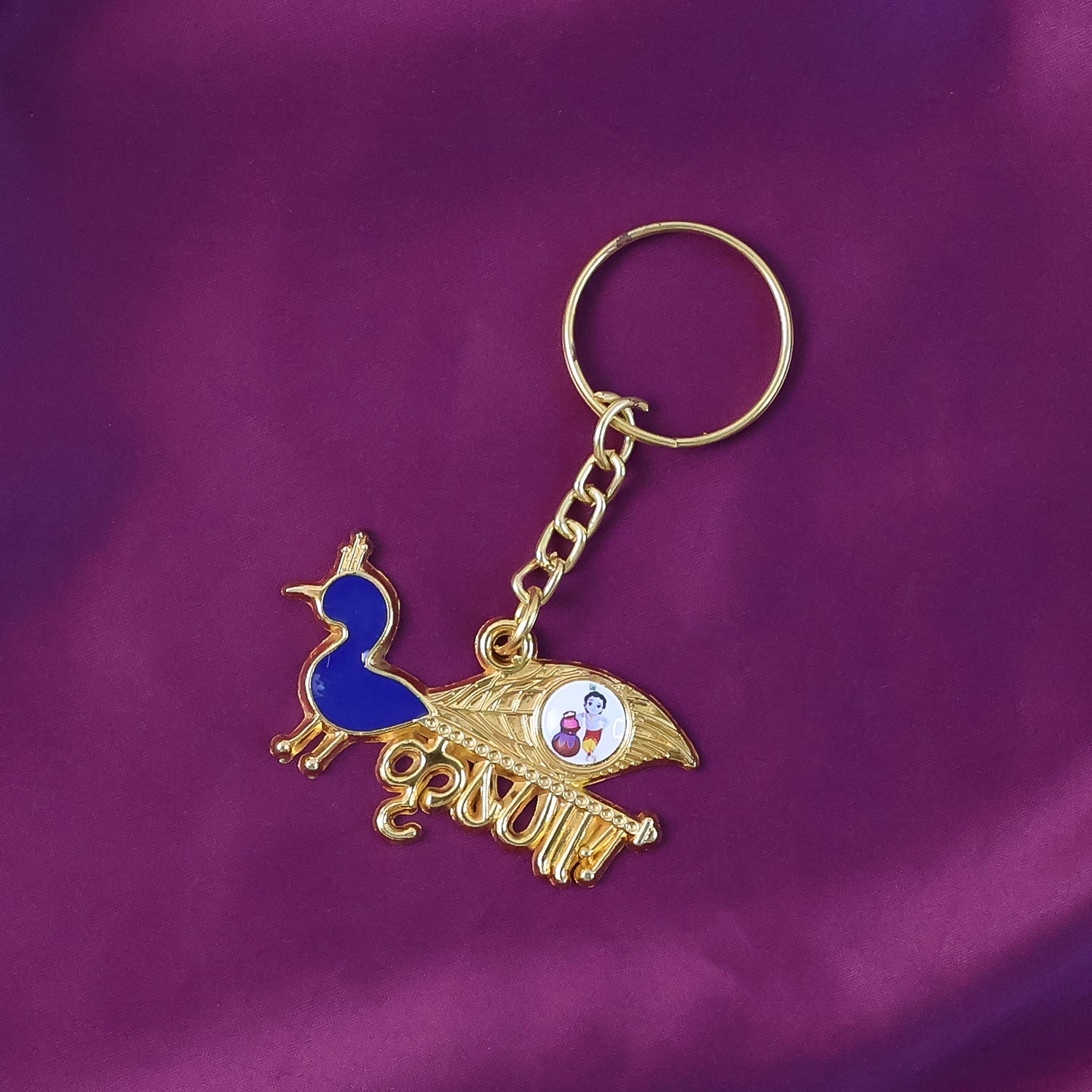 ALVENZA Krishna Peacock Metal Keychain – Elegant Gold-Tone Spiritual Gift