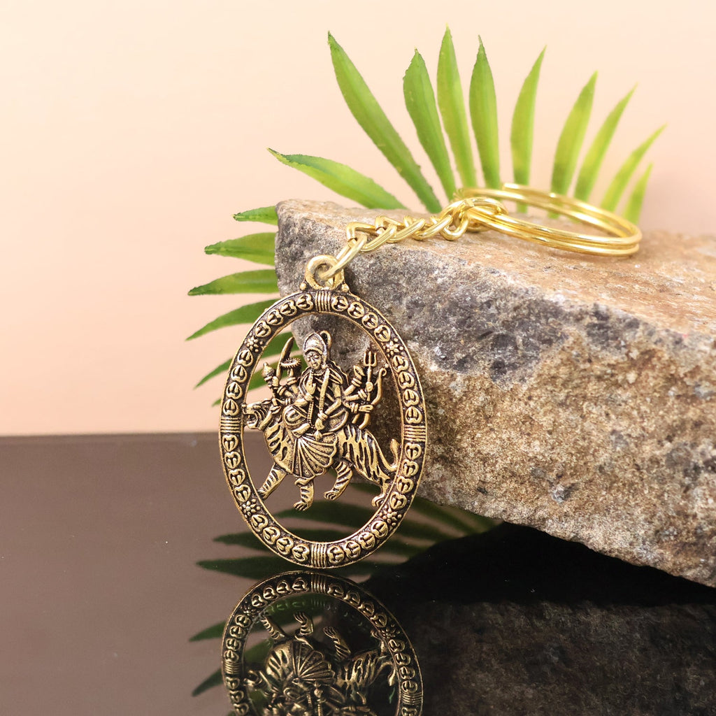 ALVENZA Durga Maa Keychain – Premium Golden Metal with Oval Frame