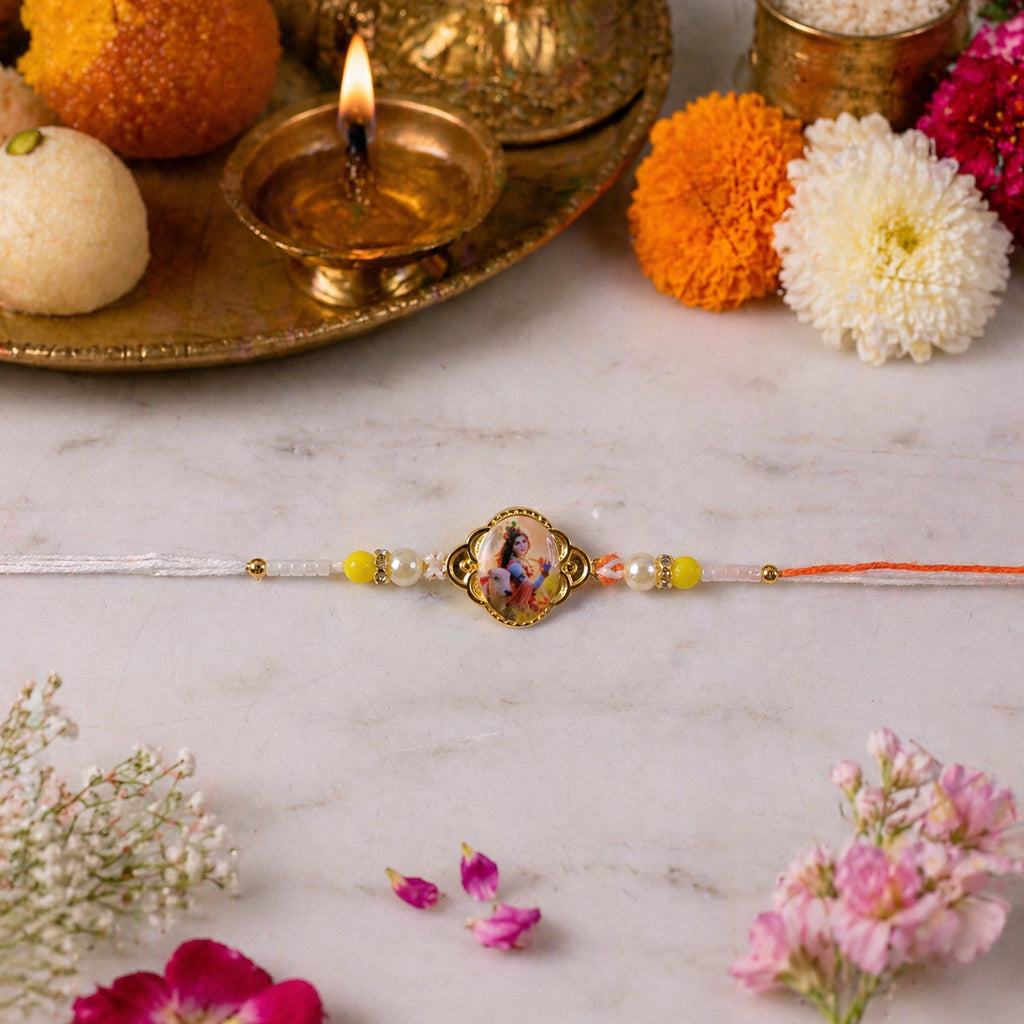 ALVENZA Lord Krishna Rakhi – Elegant Designer Thread with Beads and Photo
