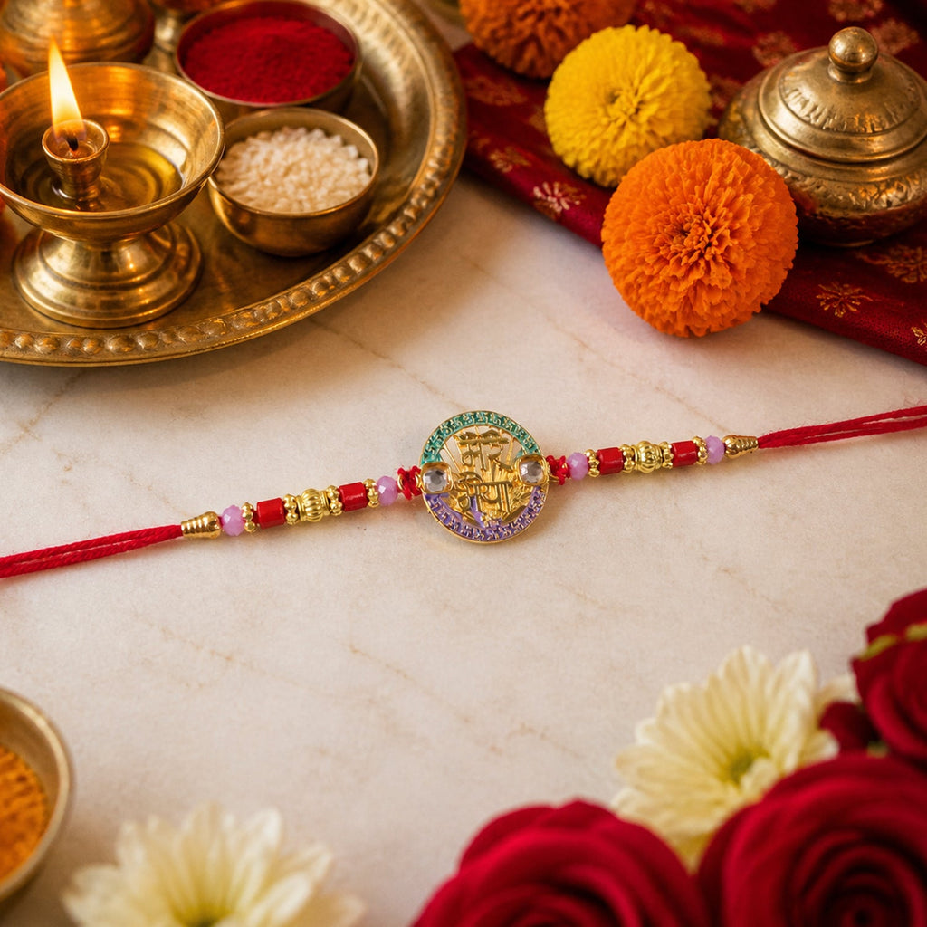 ALVENZA Designer Rakhi – Exquisite Stone Work & Vibrant Red Thread