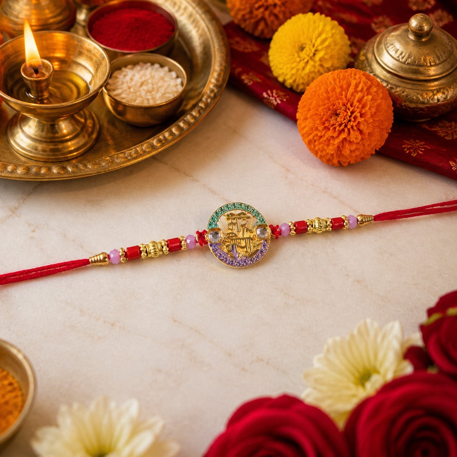 ALVENZA Designer Rakhi – Exquisite Stone Work & Vibrant Red Thread