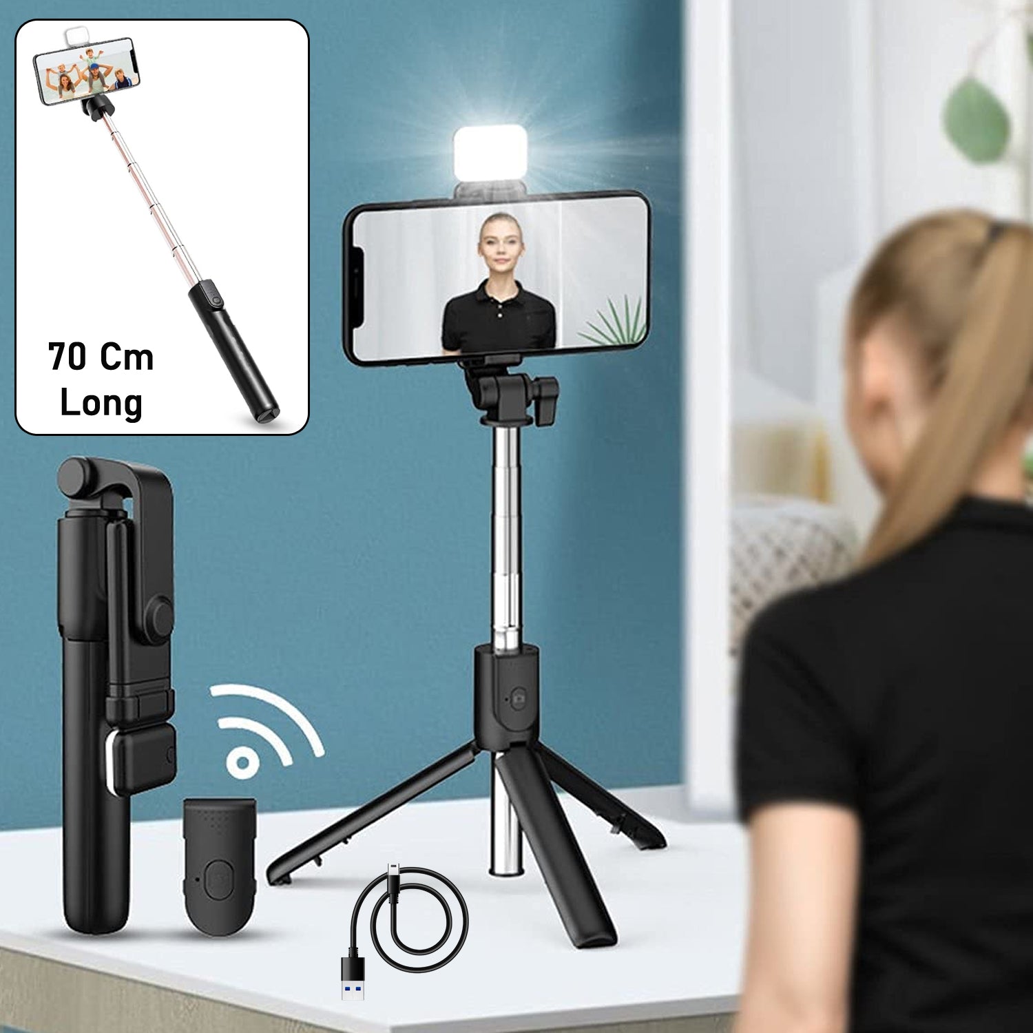 ALVENZA Wired Selfie Stick – 70cm Extendable Handle Tripod Stand