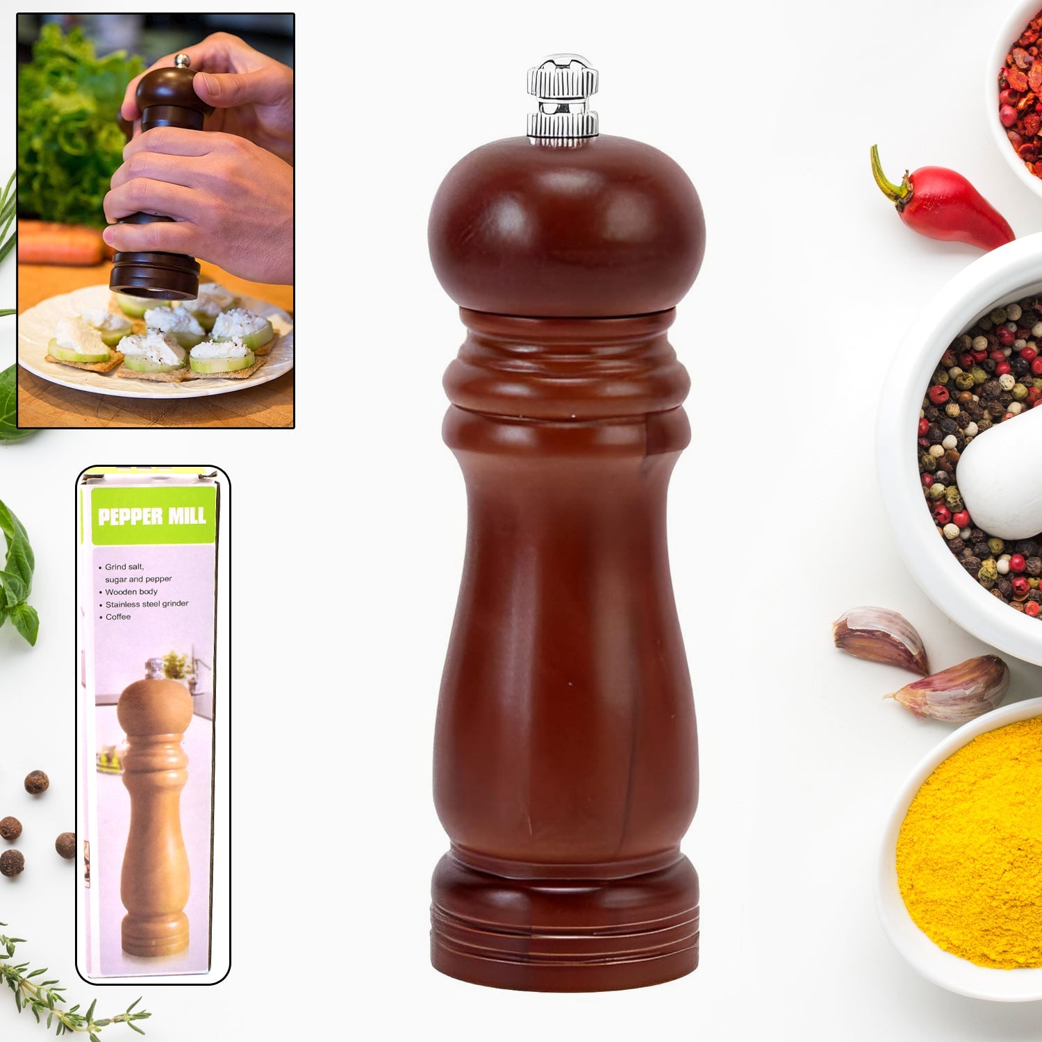 Wooden Pepper Mill Adjustable Ceramic Grinder | Grippy