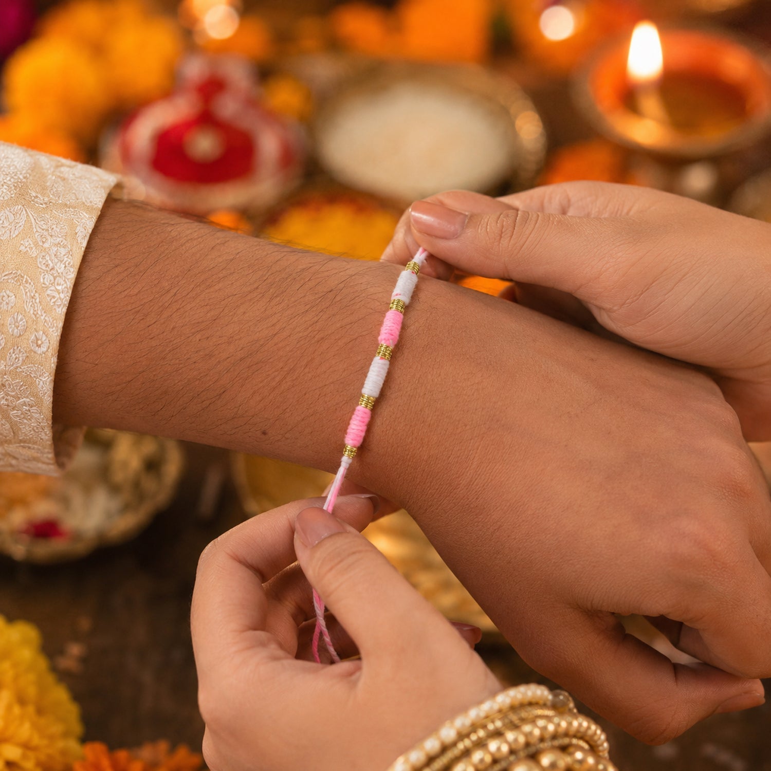 Pink & White Thread Rakhi Elegant Traditional Beaded Design - Front View