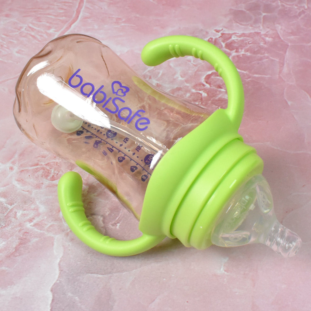 Plastic Baby Feeding Bottle Leakproof with Handles & Straw 300ml | Feedora - Side View