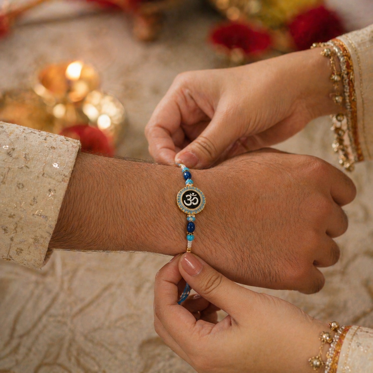 ALVENZA Om Symbol Rakhi – Elegant Beaded Design for Raksha Bandhan