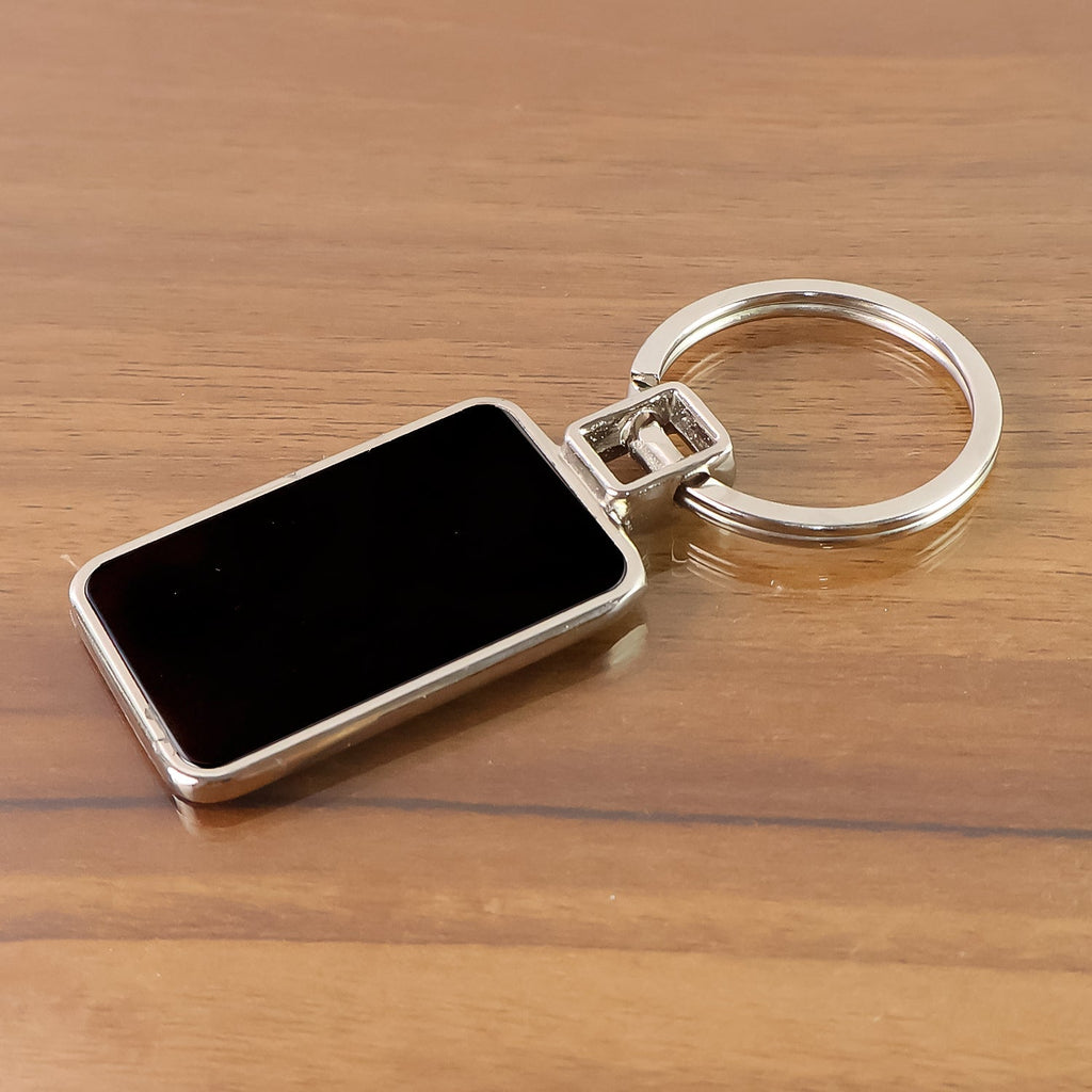ALVENZA Rectangular Metal Keychain – Premium Black & Silver Design