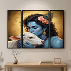 Krishna N Cow Wall Art Vibrant 3 Panel MDF Design for Home - Front View