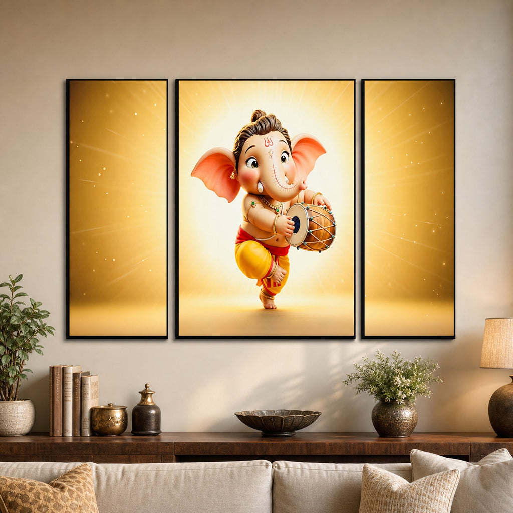 Ganesha Religious Wall Art Vibrant 3 Panel MDF Frame - Front View