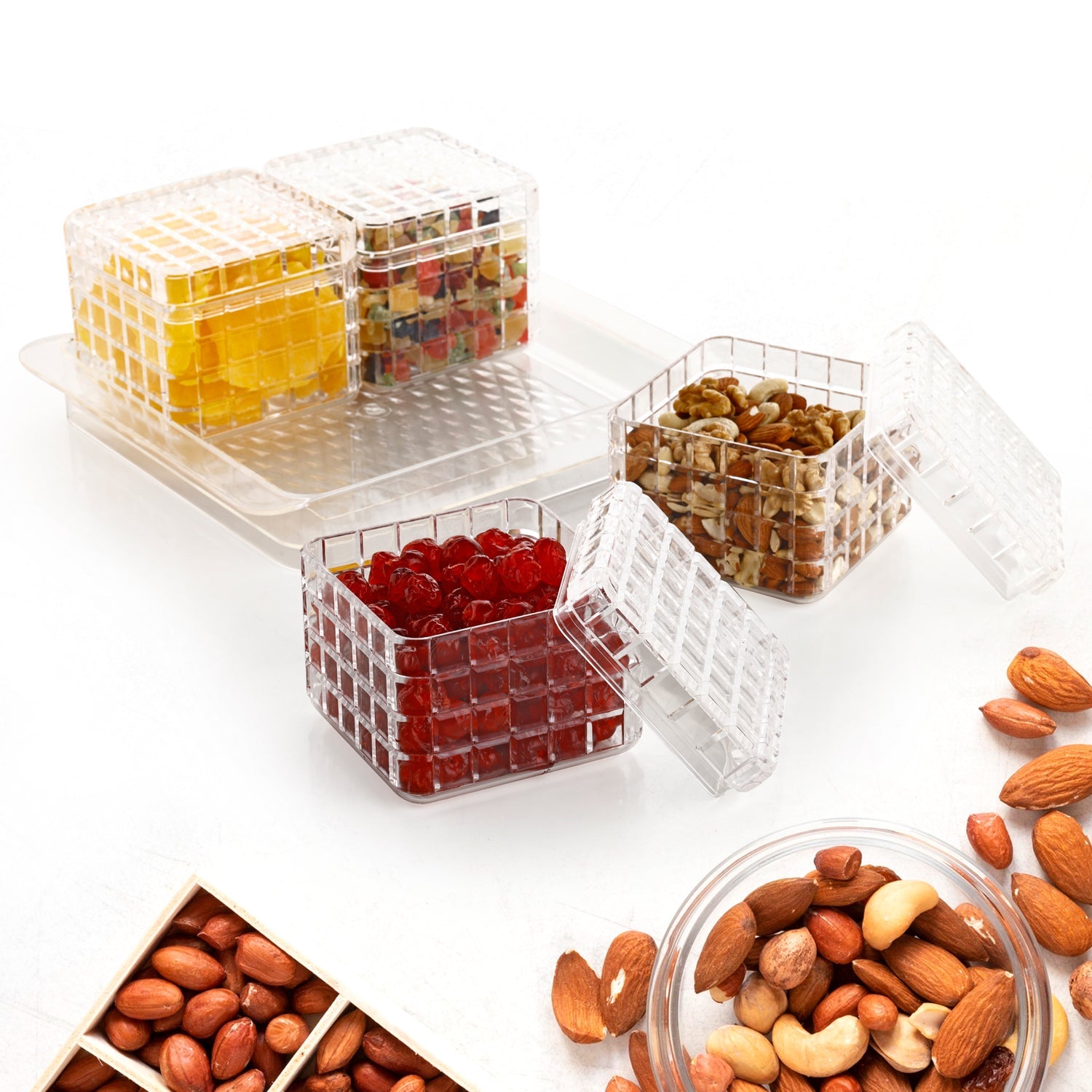 ALVENZA Dry Fruit Container Set – Acrylic 4-Piece Gift Tray | Ganesh