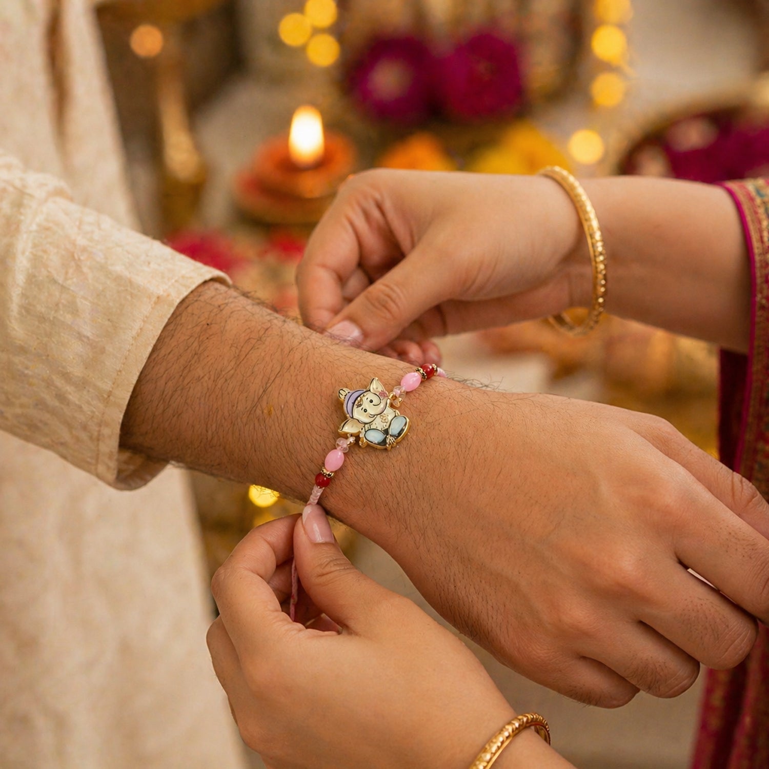 ALVENZA Ganesha Rakhi – Beautiful Pink and Red Beads for Raksha Bandhan