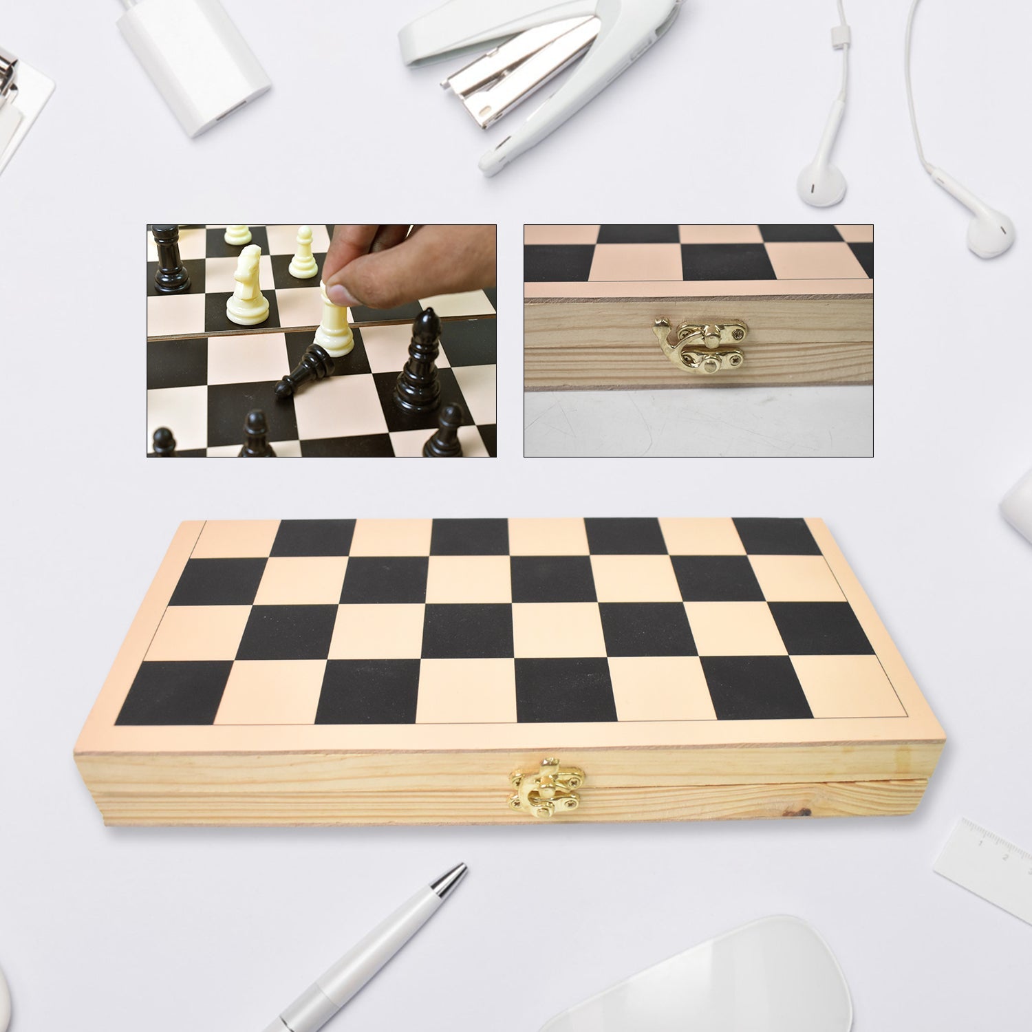Folding Wooden Chess Set Portable 30x30cm Board | Boardoria - Back View