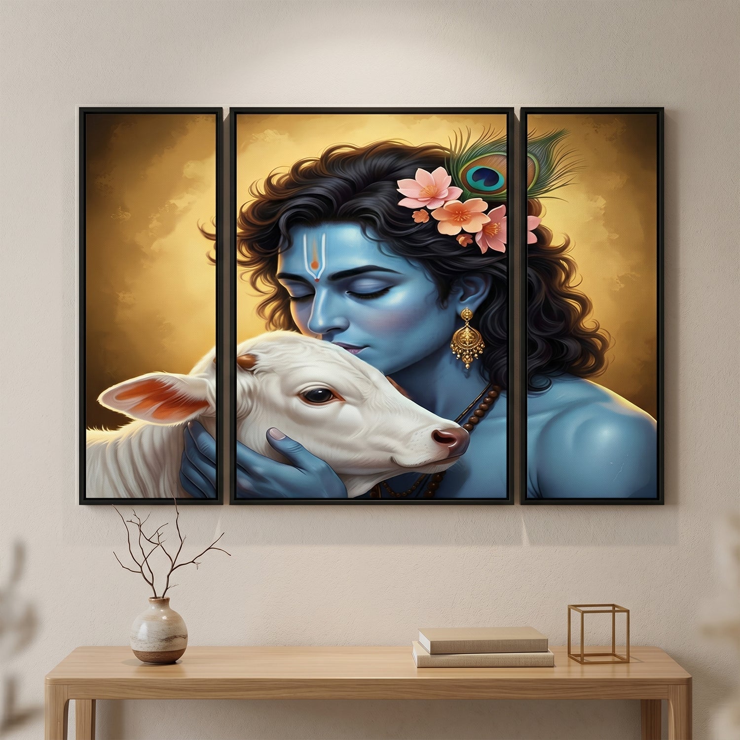 Krishna N Cow Wall Art Vibrant 3 Panel MDF Design for Home - Detail View 8