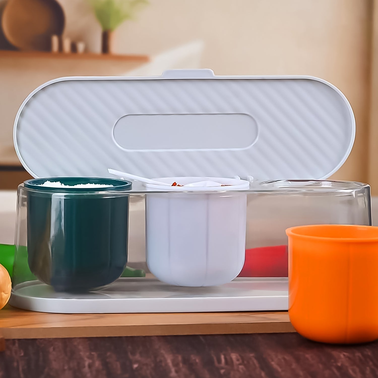 Spice Box 3-Grid Masala Storage with Spoons | Tidy Table - Detail View 7