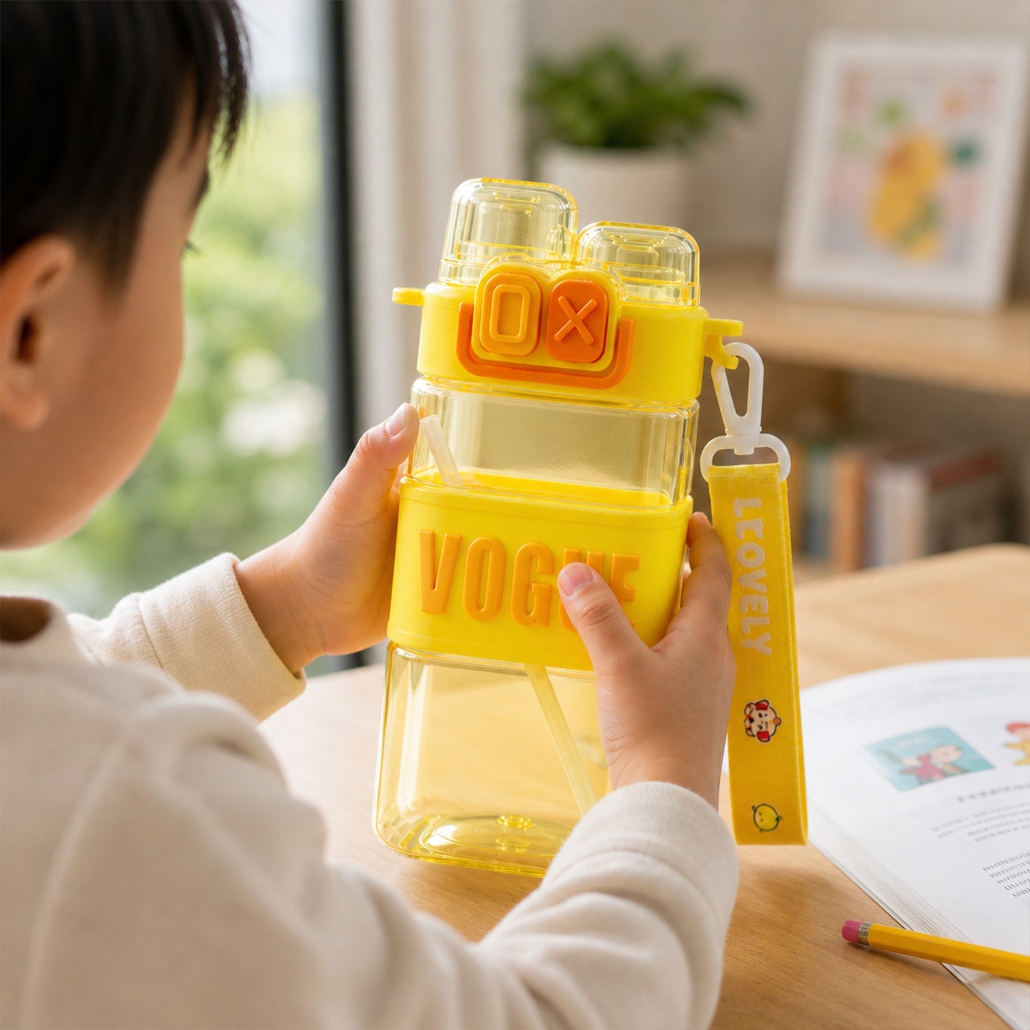 Kids Water Bottle Leakproof Straw & Portable Carry Strap - Front View