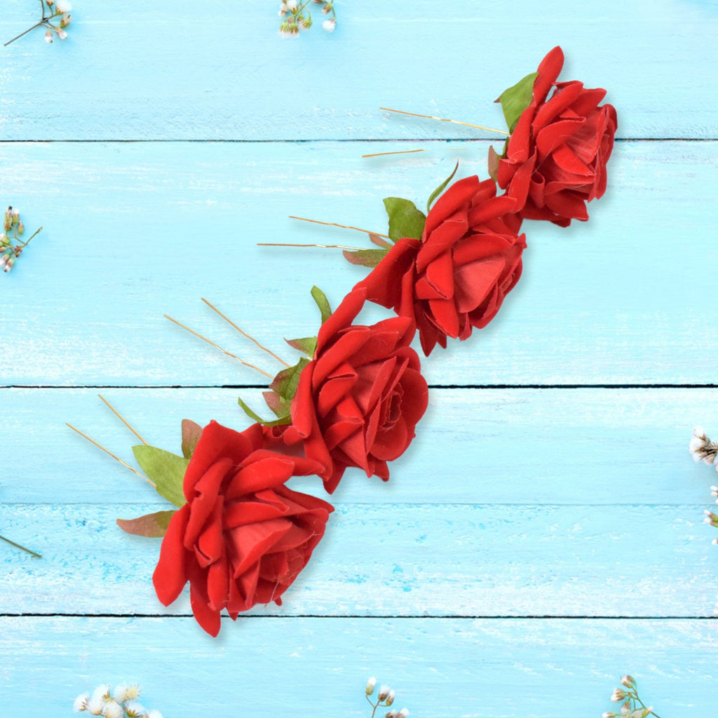 Red Rose Hair Clip 12 Pc Bridal Flower Pins for Women | Calm & Curl - Back View