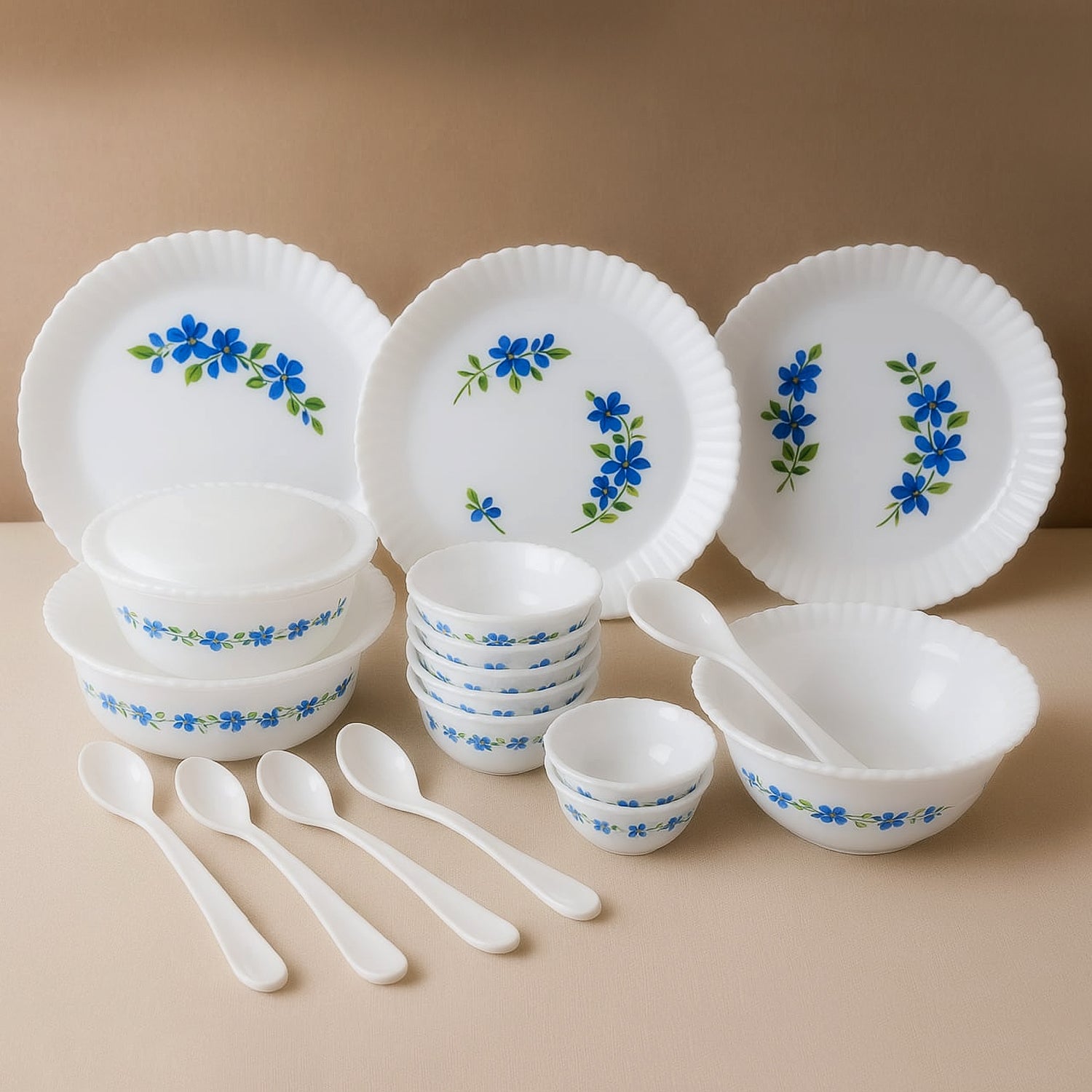 ALVENZA Plastic Dinner Set – Durable 36-Piece Blue Floral Design