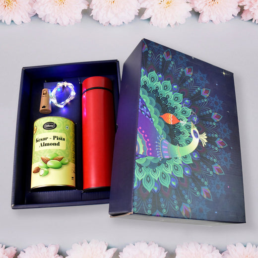 ALVENZA Personalized Temperature Water Bottle – Decorative Light & Kesar Pista Almond Chocolate Set