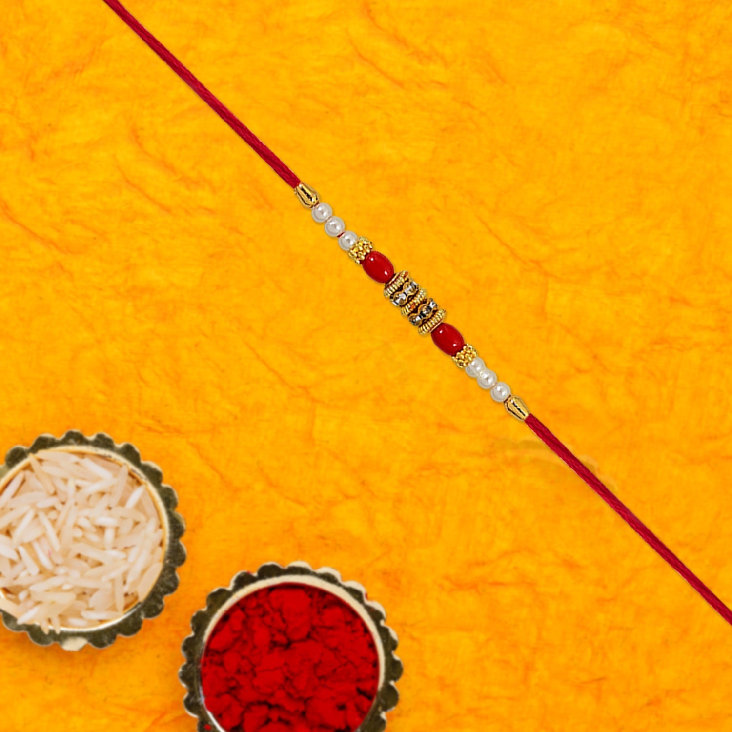 ALVENZA Pearl Beaded Rakhi – Traditional Red & Gold Elegance