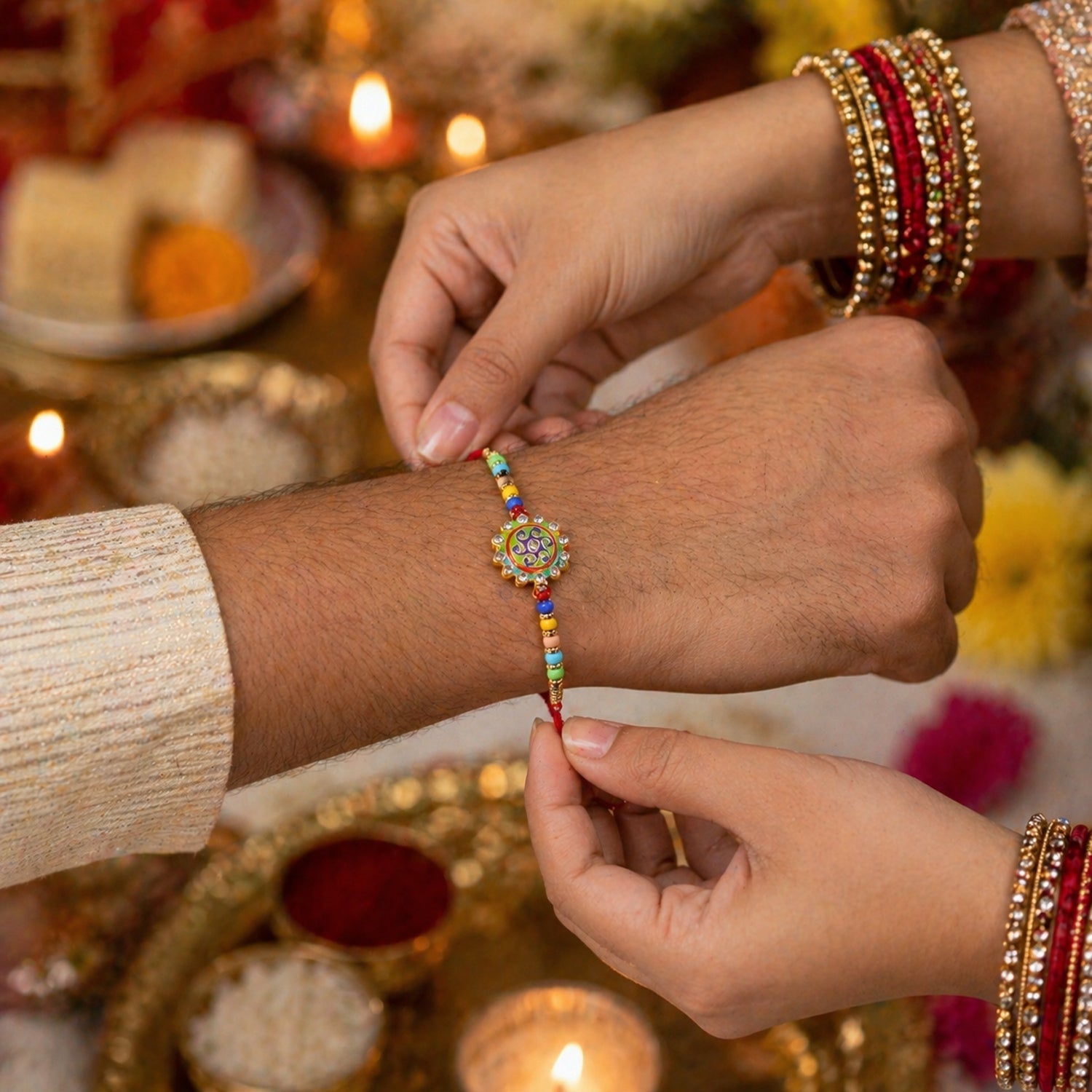 ALVENZA Rakhi – Elegant multicolor beads & stone centerpiece for Rakshabandhan