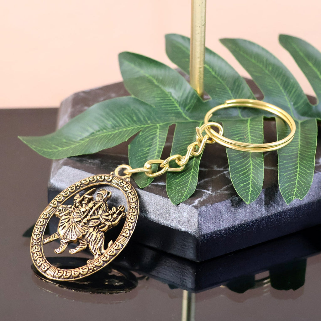 ALVENZA Durga Maa Keychain – Premium Golden Metal with Oval Frame