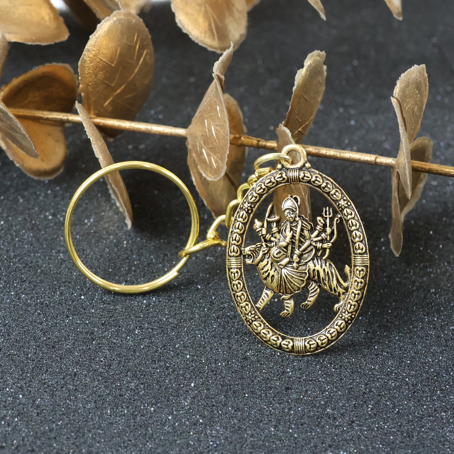 ALVENZA Maa Durga Golden Oval Frame Keychain – Spiritual Protection