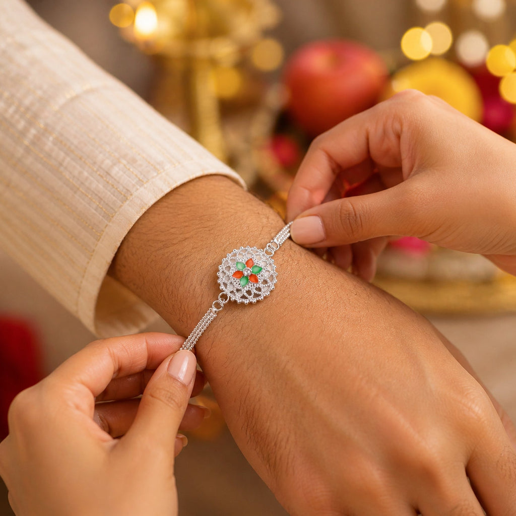 ALVENZA Silver Floral Rakhi - Traditional Design with Beads & Soft Thread