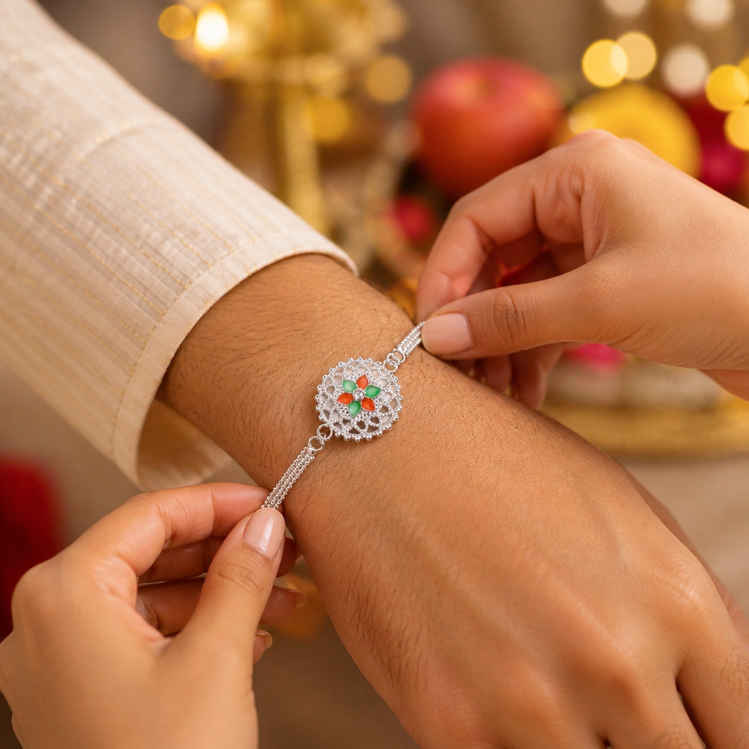 ALVENZA Silver Floral Rakhi - Traditional Design with Beads & Soft Thread
