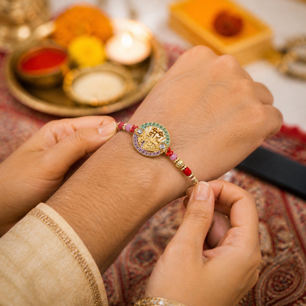 ALVENZA Designer Rakhi – Exquisite Stone Work & Vibrant Red Thread