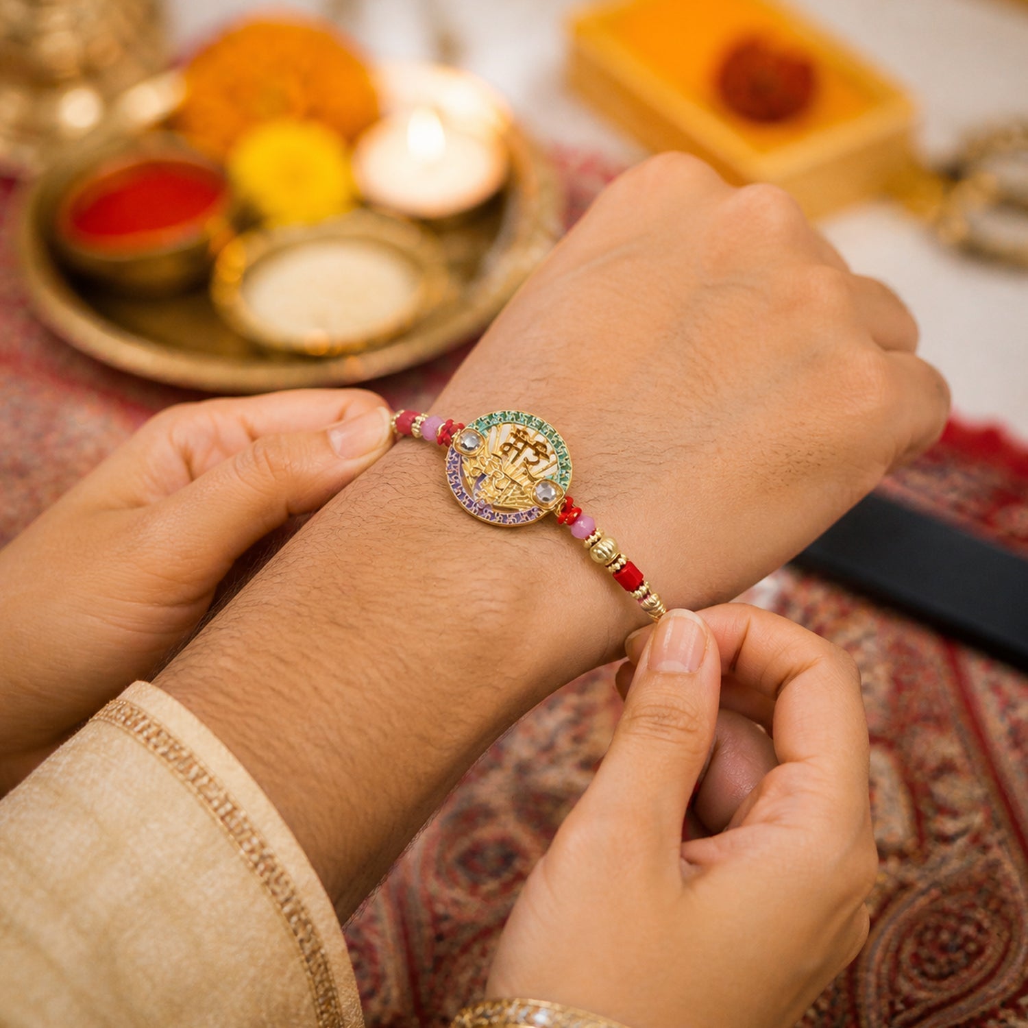 ALVENZA Designer Rakhi – Exquisite Stone Work & Vibrant Red Thread