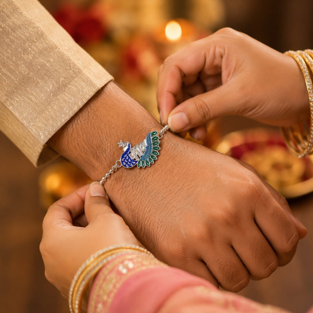 ALVENZA Rakshabandhan Silver Peacock Rakhi - Stylish & Traditional Design