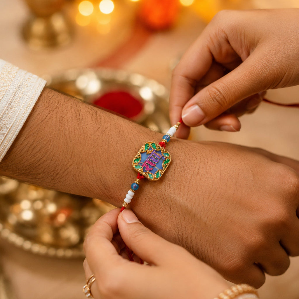ALVENZA Rakhi for Raksha Bandhan – Colorful Beads & Radhe Engraving for Sibling Festival
