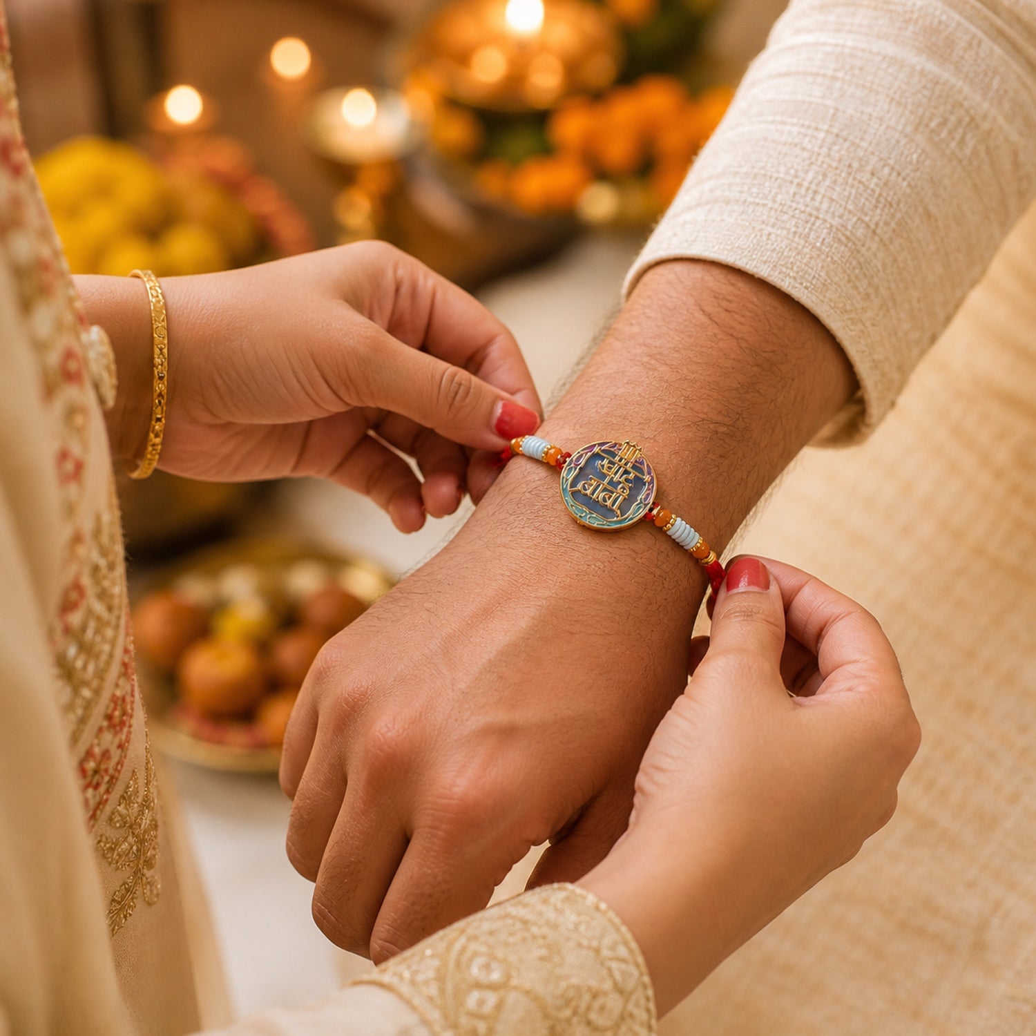 ALVENZA Colorful Rakhi with Beads & Religious Symbol – Traditional Festive Accessory