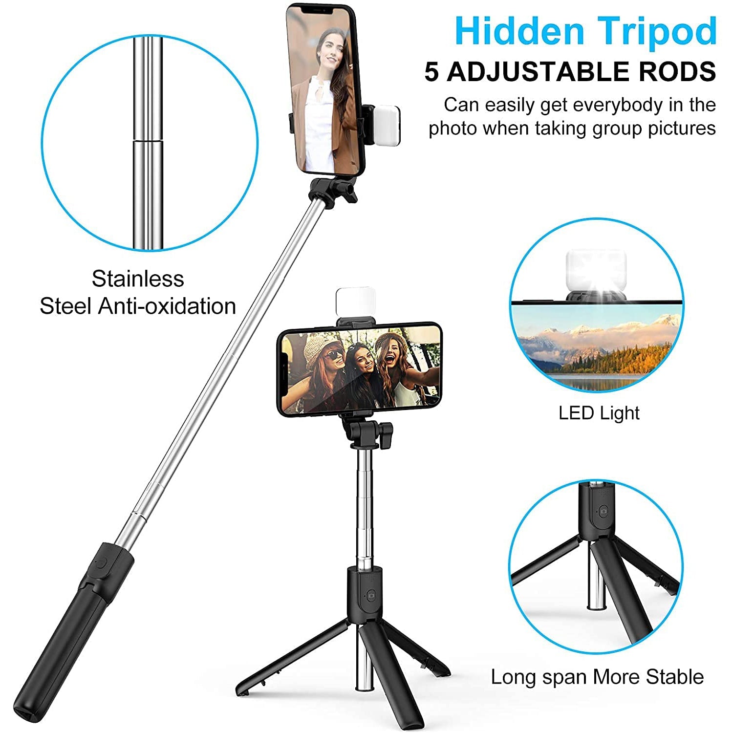ALVENZA Wired Selfie Stick – 70cm Extendable Handle Tripod Stand